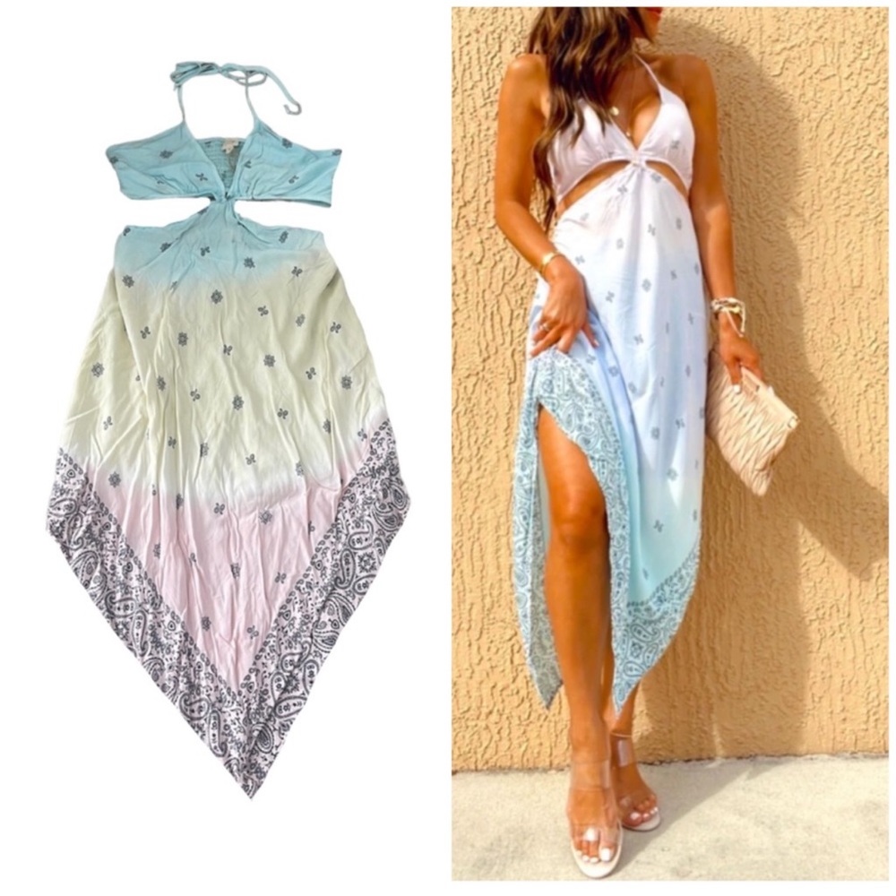 NEW SURF GYPSY Hand Dyed Ombre Cutout Halter Dress Bandana Print